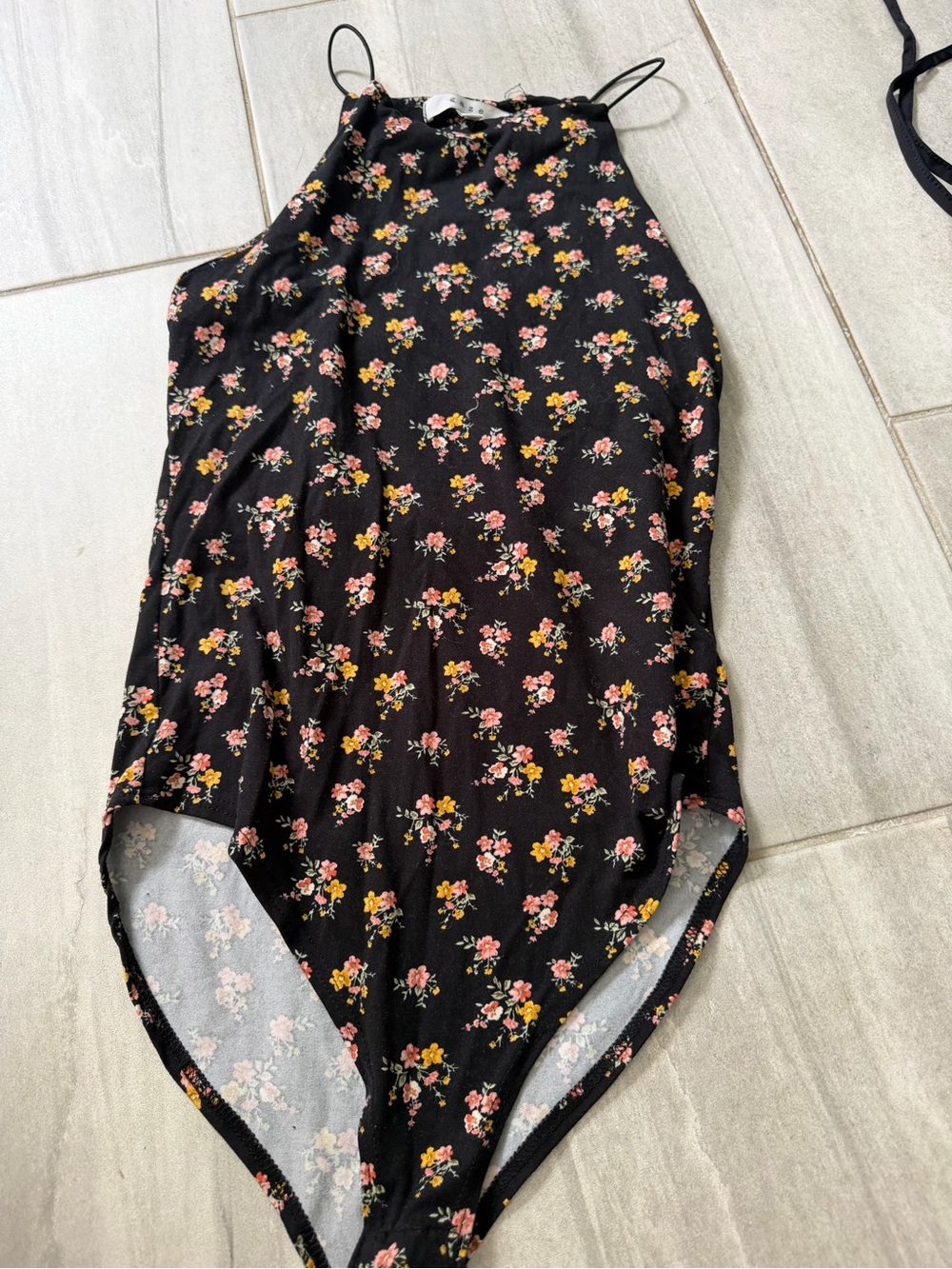Floral Halter One-Piece fbofysuit Black with Pink & Yellow Flowers